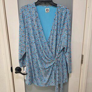 Anne Klein Blue Red White Wrap Blouse | Women’s Long Sleeve Printed Top